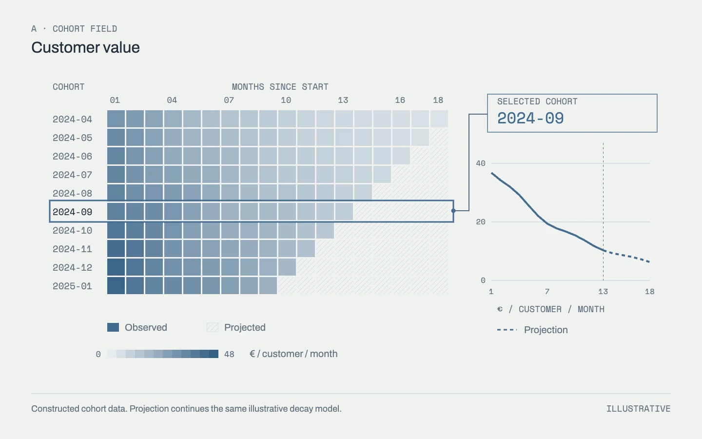 Cohort contribution matrix with one cohort linked to its monthly contribution curve.